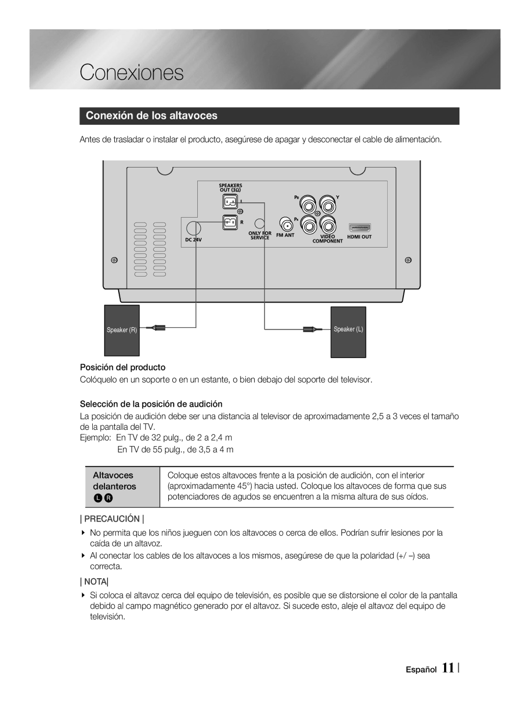 Samsung MM-J430D/ZF manual Conexiones, Conexión de los altavoces, Posición del producto, Altavoces delanteros 