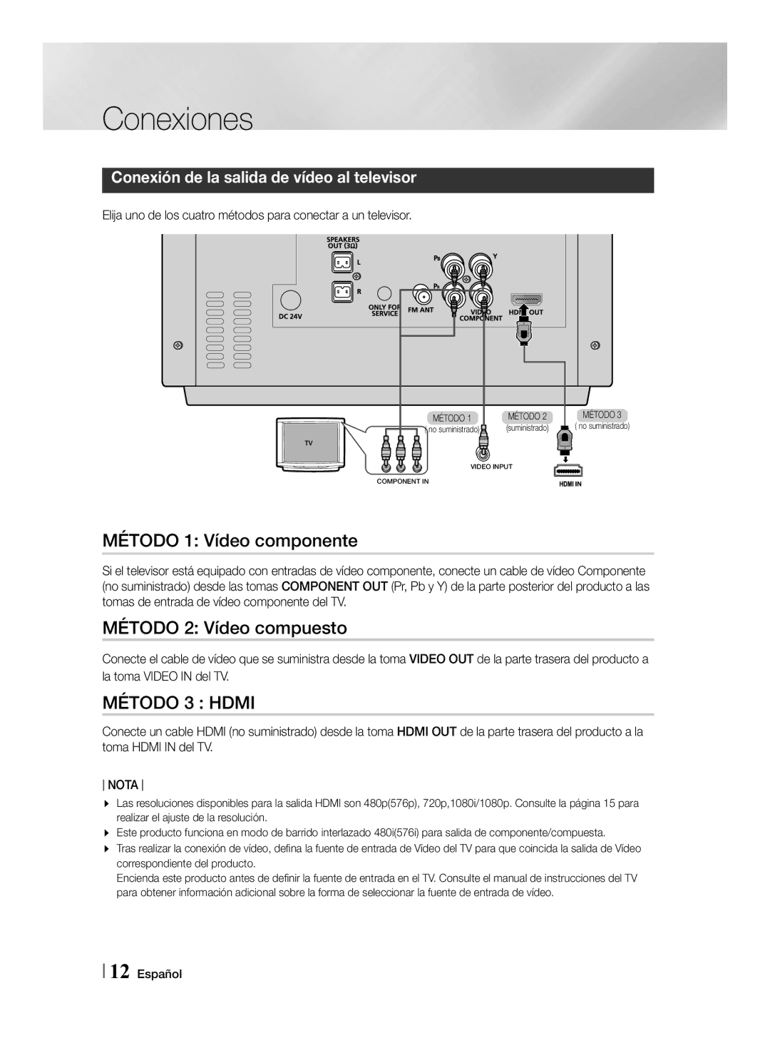 Samsung MM-J430D/ZF manual Conexión de la salida de vídeo al televisor, Nota 