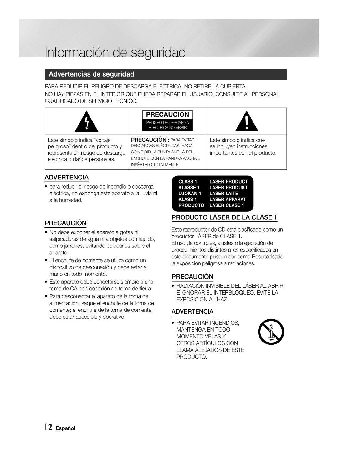 Samsung MM-J430D/ZF manual Información de seguridad, Advertencias de seguridad, Precaución Para Evitar 