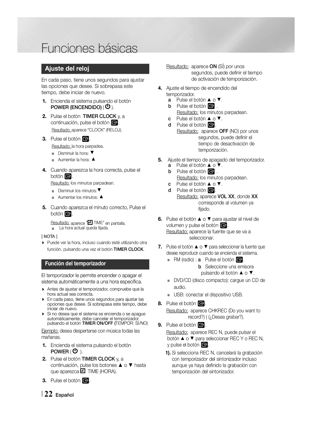 Samsung MM-J430D/ZF manual Ajuste del reloj, Pulse el botón, Cuando aparezca la hora correcta, pulse el botón 