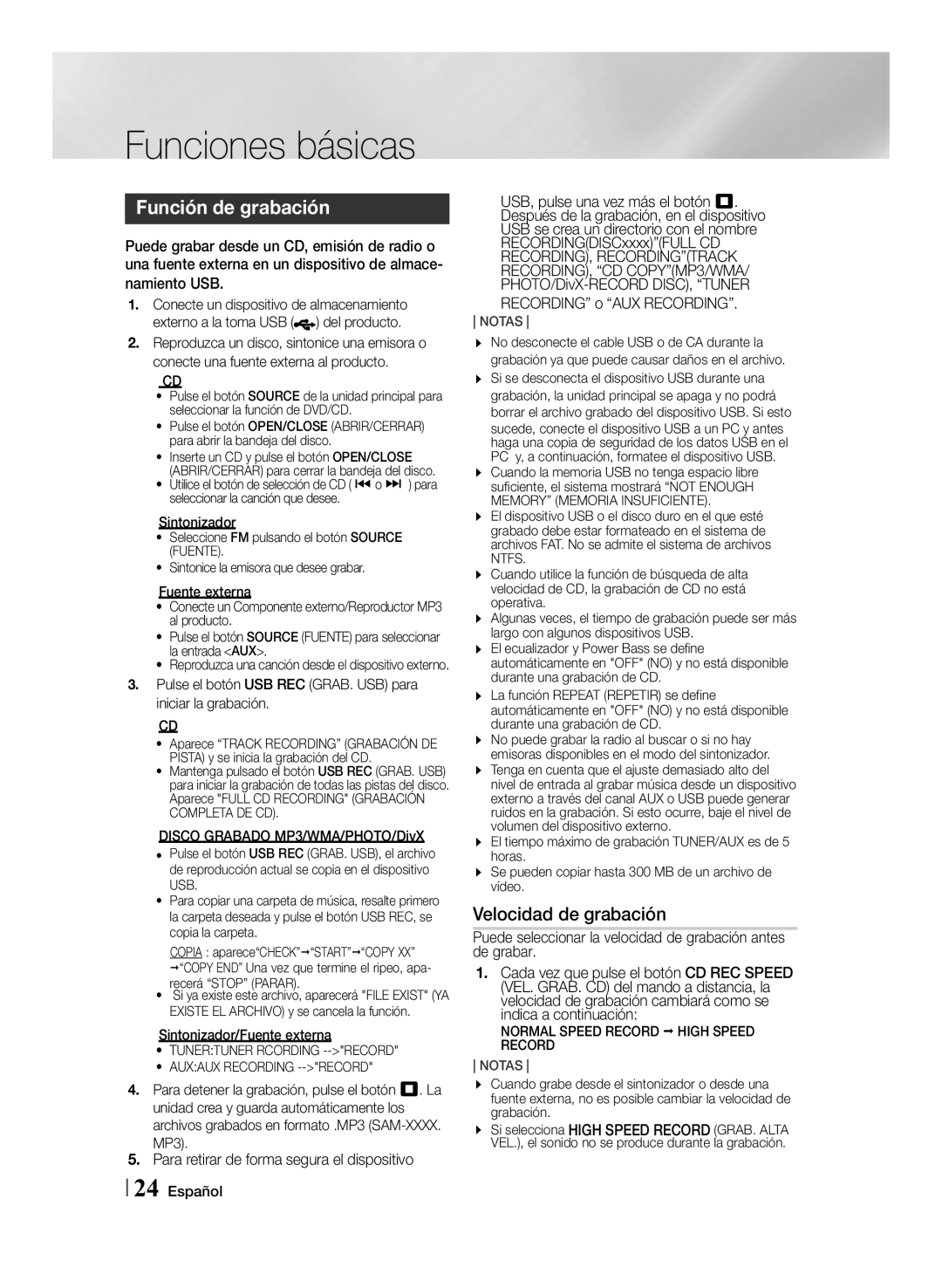 Samsung MM-J430D/ZF manual Función de grabación, Velocidad de grabación, Namiento USB, Recording o AUX RECORDING. Notas 