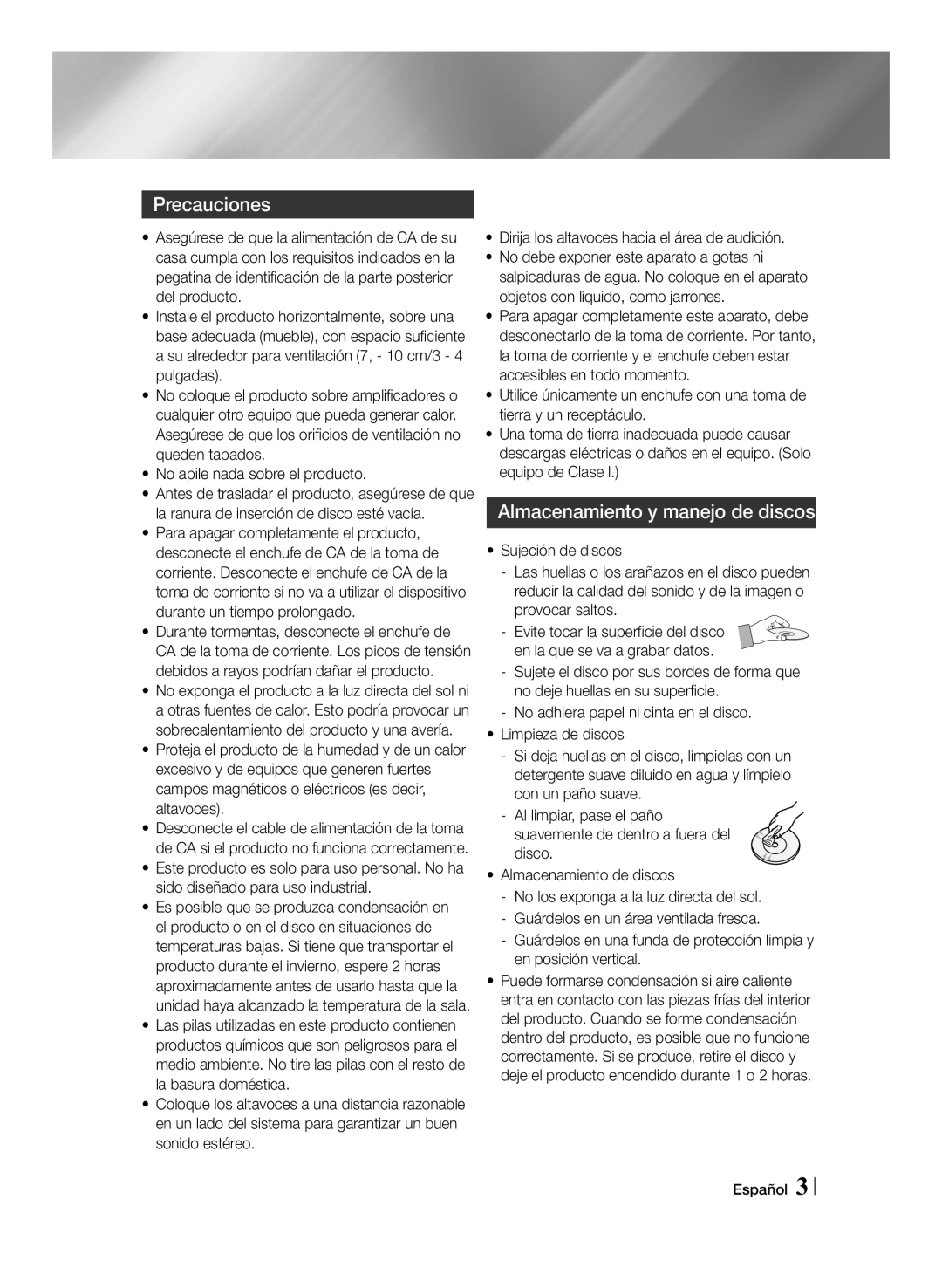 Samsung MM-J430D/ZF manual Precauciones, Almacenamiento y manejo de discos, No apile nada sobre el producto 