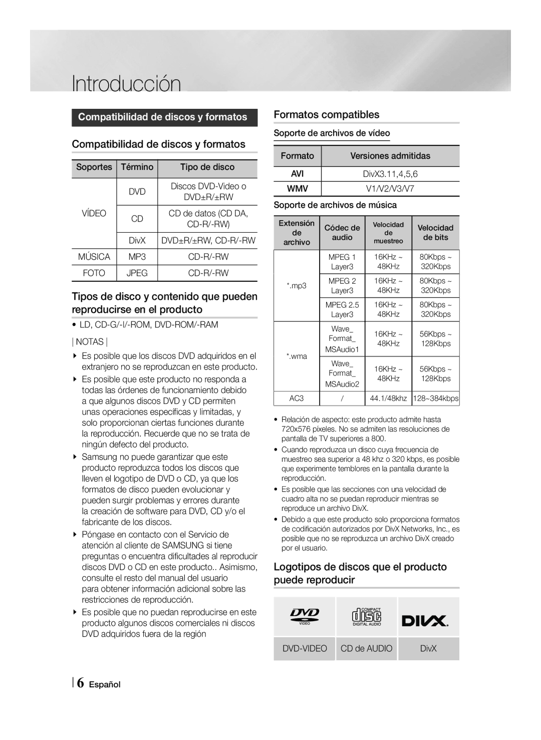 Samsung MM-J430D/ZF manual Introducción, Compatibilidad de discos y formatos, Formatos compatibles 