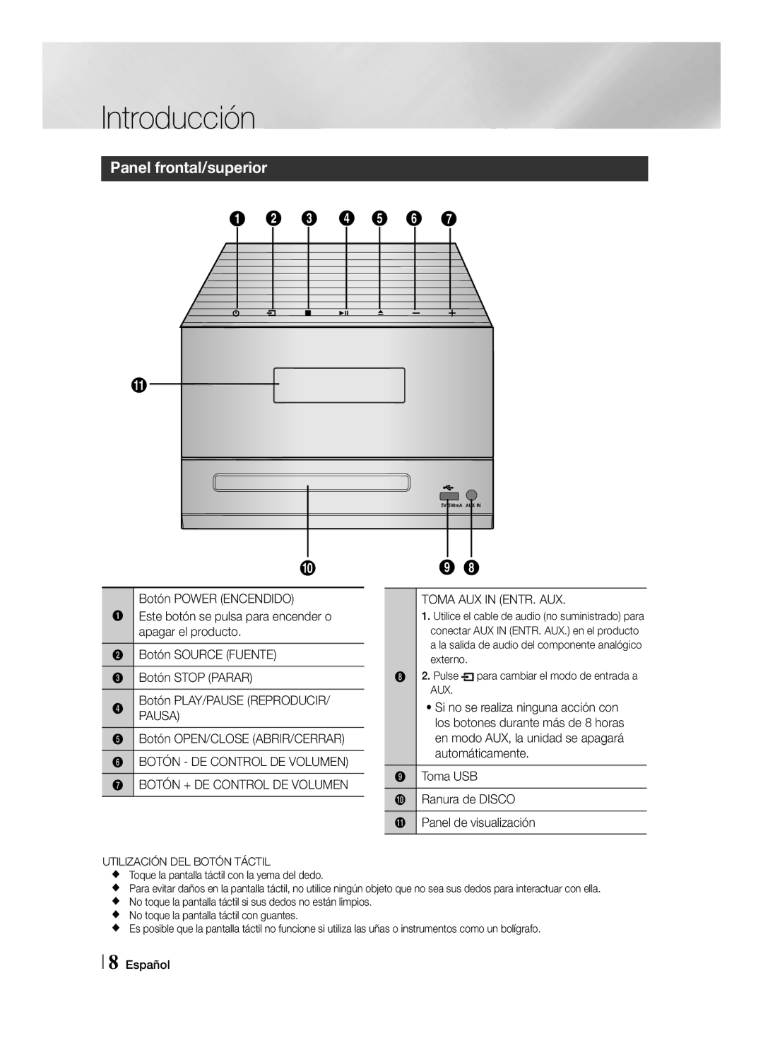 Samsung MM-J430D/ZF manual Panel frontal/superior, Pausa, Botón OPEN/CLOSE ABRIR/CERRAR 