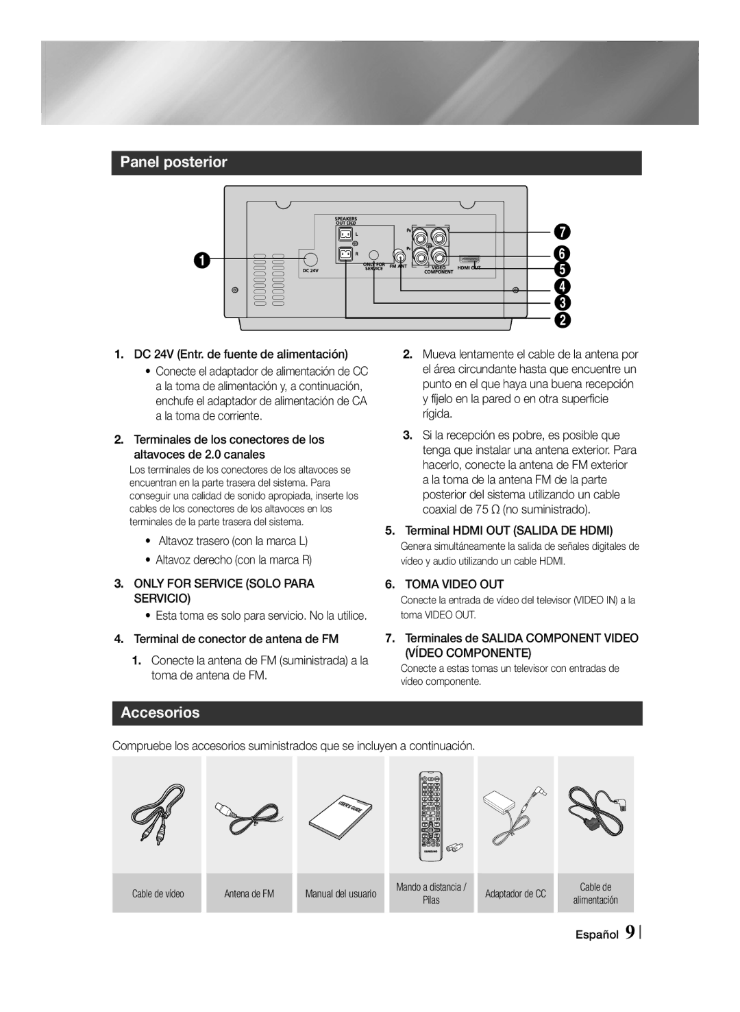 Samsung MM-J430D/ZF manual Panel posterior, Accesorios, Only for Service Solo Para Servicio, Toma Video OUT 