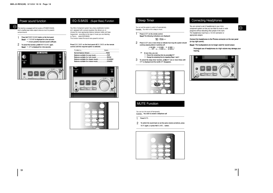 Samsung MM-J5S Power sound function, Connecting Headphones, EQ /S.BASS Super Bass Function, To obtain a Select 