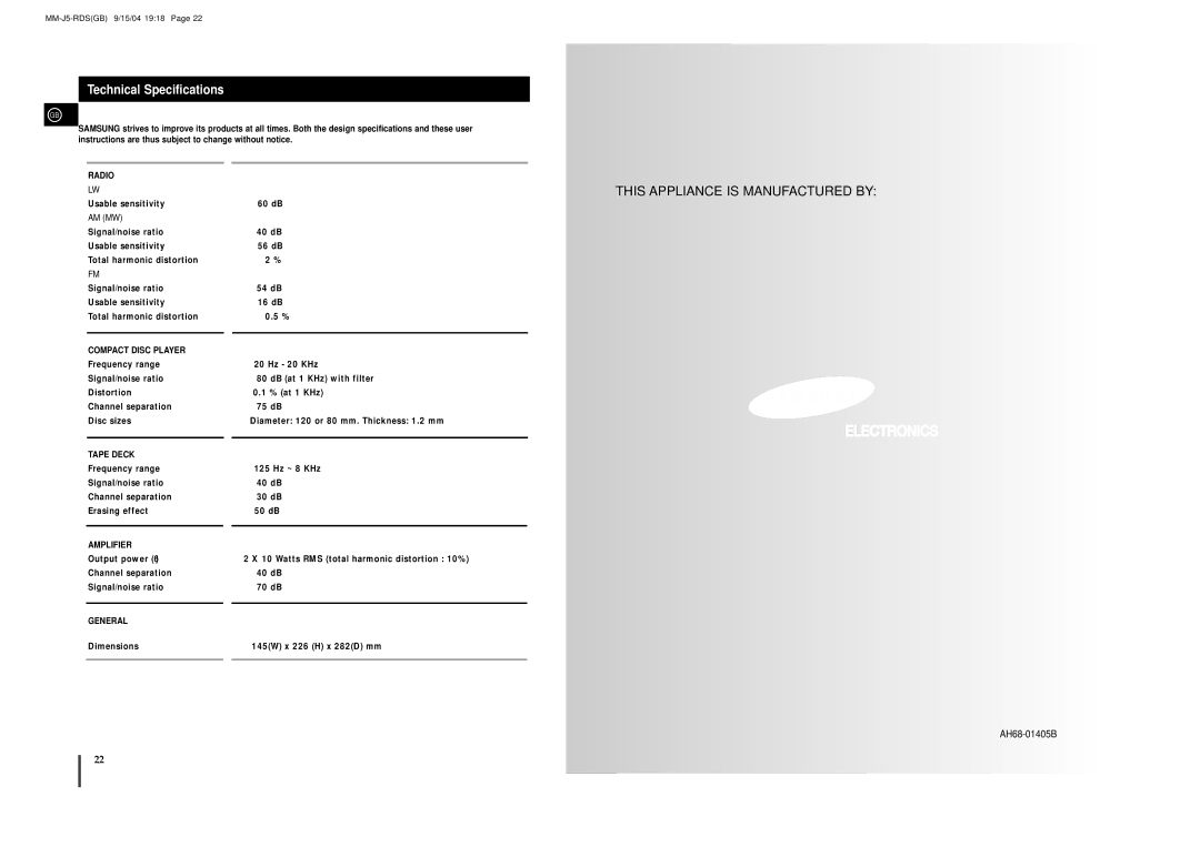 Samsung MM-J5S instruction manual Technical Specifications, Compact Disc Player 