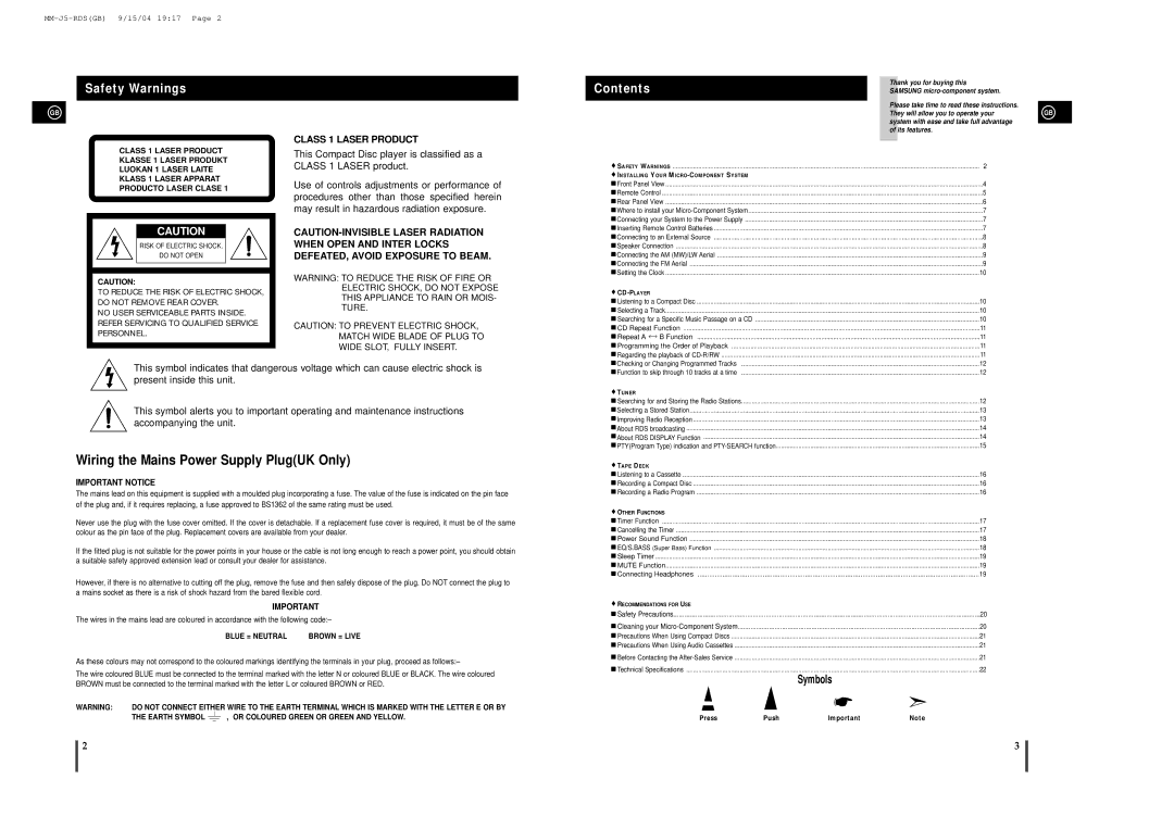 Samsung MM-J5S instruction manual Wiring the Mains Power Supply PlugUK Only 