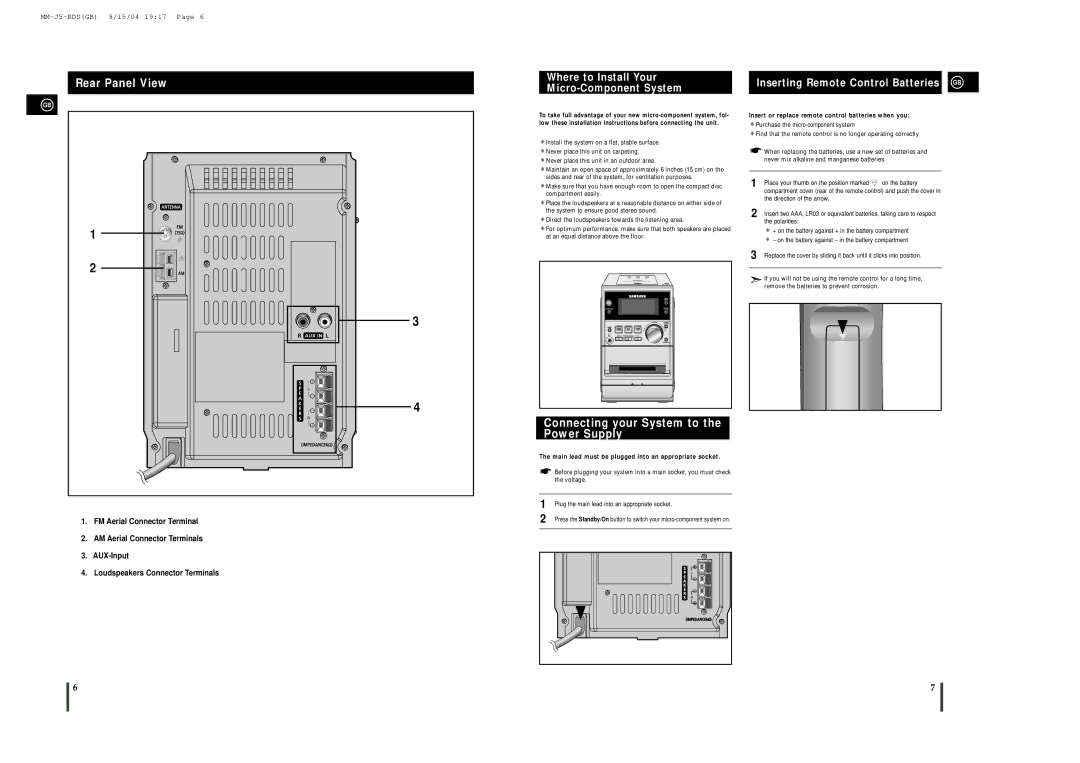 Samsung MM-J5 Rear Panel View, Connecting your System to the Power Supply, Where to Install Your Micro-Component System 