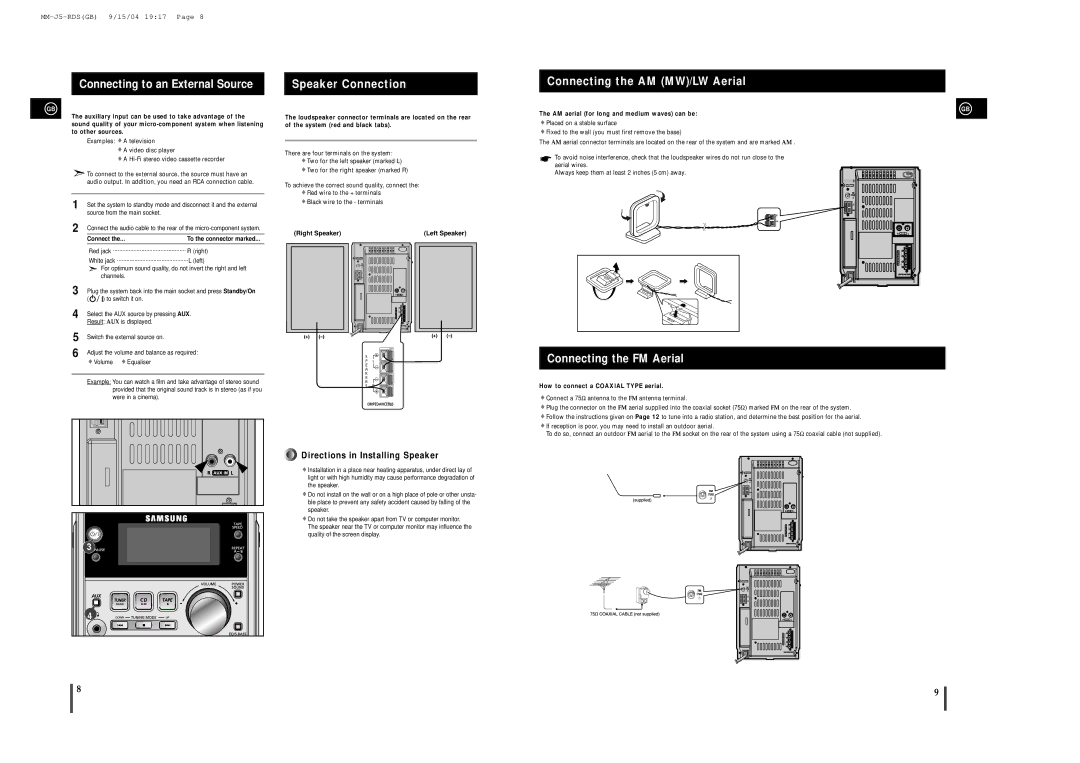 Samsung MM-J5S instruction manual Connecting to an External Source, Speaker Connection, Connecting the AM MW/LW Aerial 