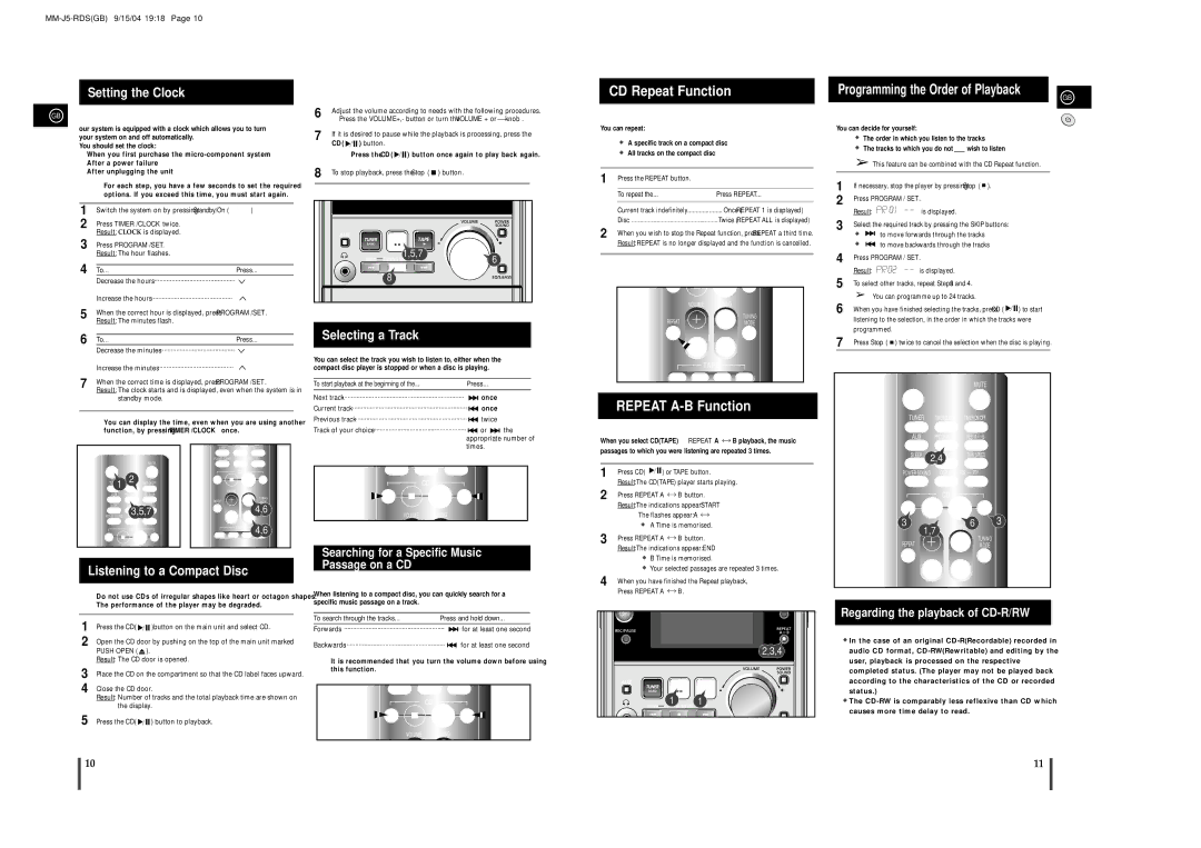 Samsung MM-J5 CD Repeat Function, Repeat A-B Function, Setting the Clock, Selecting a Track, Listening to a Compact Disc 