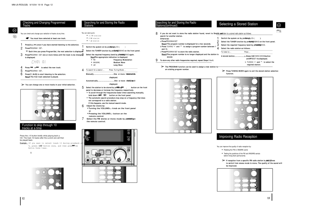 Samsung MM-J5S Selecting a Stored Station, Improving Radio Reception, Function to skip through 10 tracks at a time 