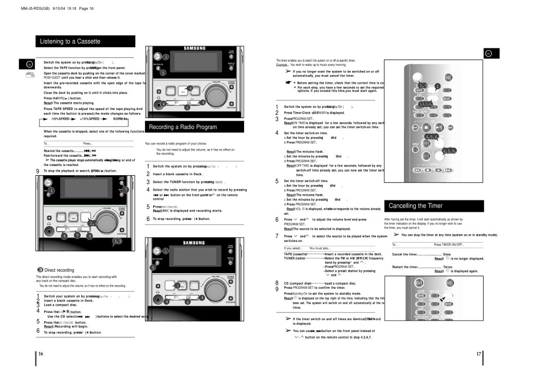 Samsung MM-J5S instruction manual Listening to a Cassette, Timer Function, Cancelling the Timer, Recording a Compact Disc 