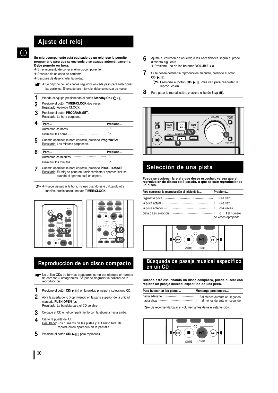 Samsung MM-J5, MMJ5RH/ELS manual Ajuste del reloj, Selección de una pista, Reproducción de un disco compacto 