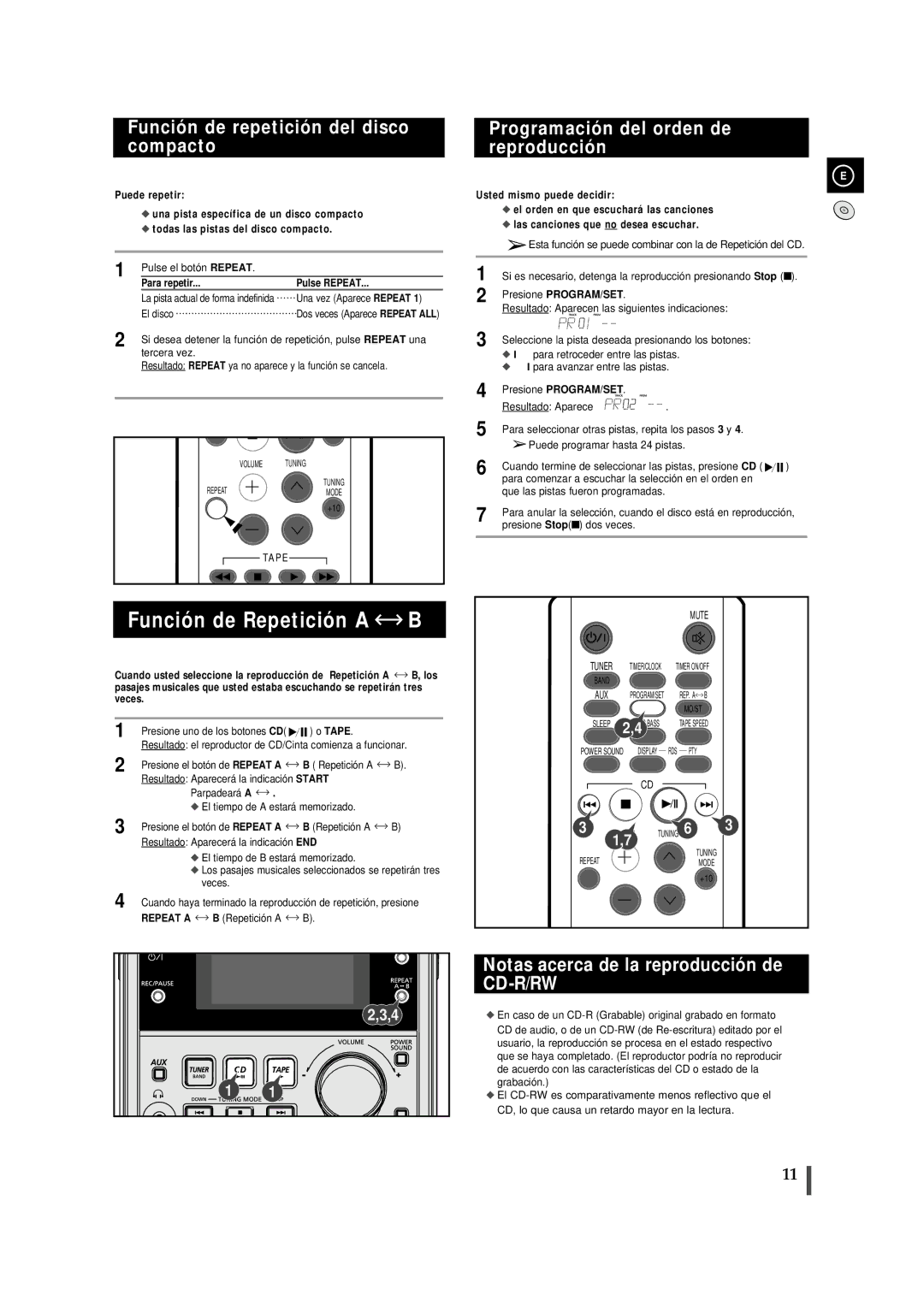 Samsung MMJ5RH/ELS, MM-J5 manual Función de repetición del disco compacto, Programación del orden de reproducción 