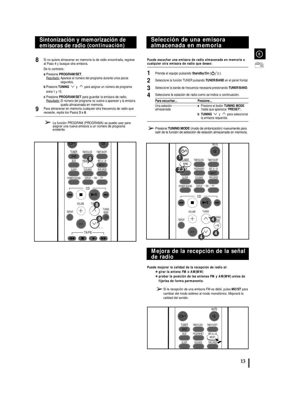Samsung MMJ5RH/ELS Selección de una emisora almacenada en memoria, Mejora de la recepción de la señal de radio, Tuning 