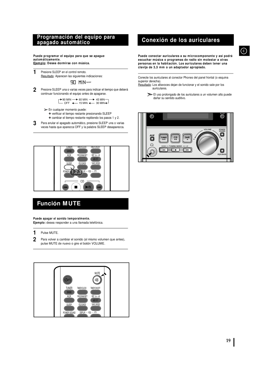 Samsung MMJ5RH/ELS, MM-J5 manual Función Mute, Conexión de los auriculares, Programación del equipo para apagado automático 