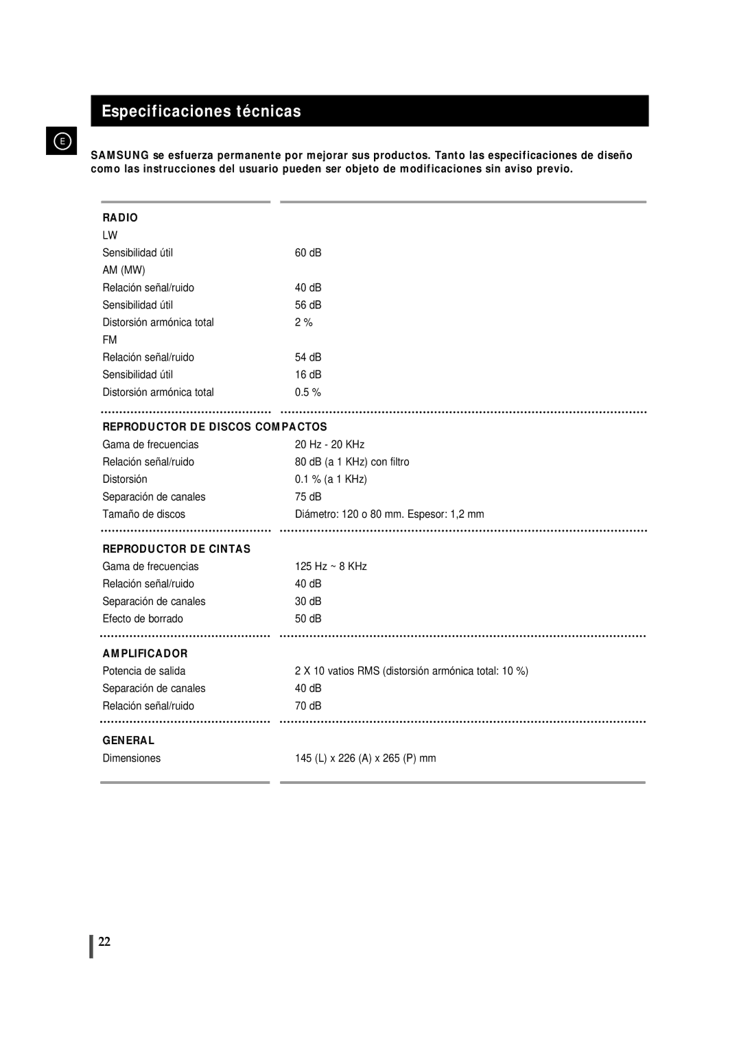 Samsung MM-J5, MMJ5RH/ELS manual Especificaciones técnicas, Reproductor DE Discos Compactos 