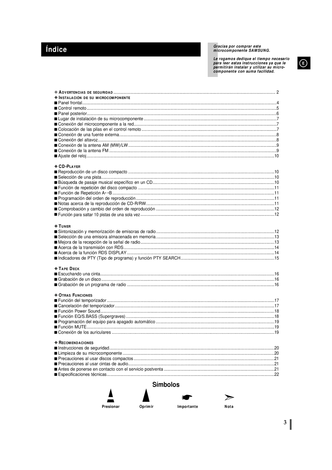 Samsung MMJ5RH/ELS manual Índice, Antes de ponerse en contacto con el servicio postventa, Presionar Oprimir Importante Nota 