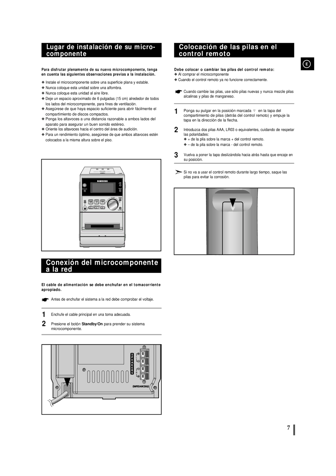 Samsung MMJ5RH/ELS, MM-J5 manual Conexión del microcomponente a la red, Lugar de instalación de su micro- componente 