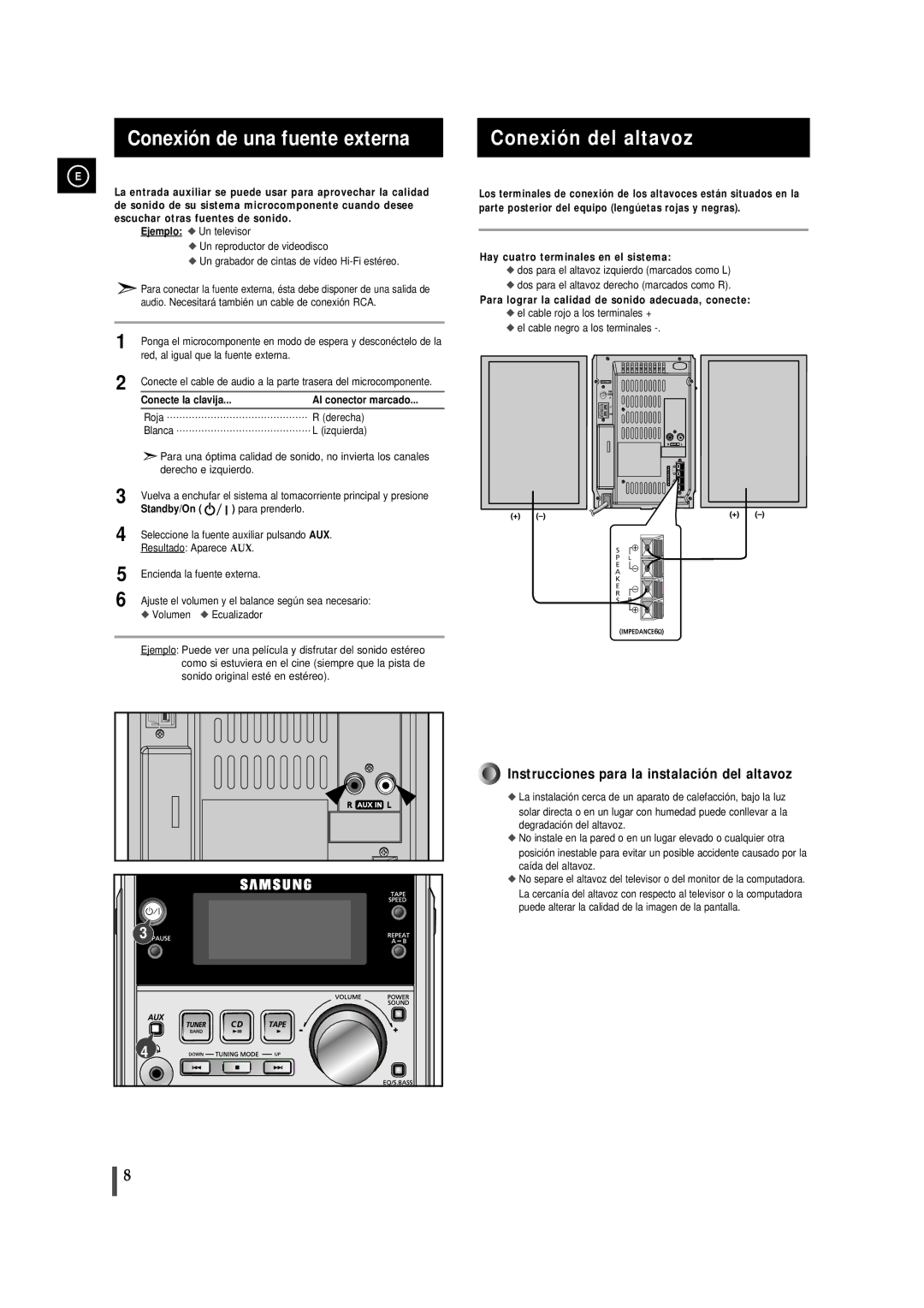 Samsung MM-J5 Conexión de una fuente externa, Conexión del altavoz, Conecte la clavija Al conector marcado, Standby/On 