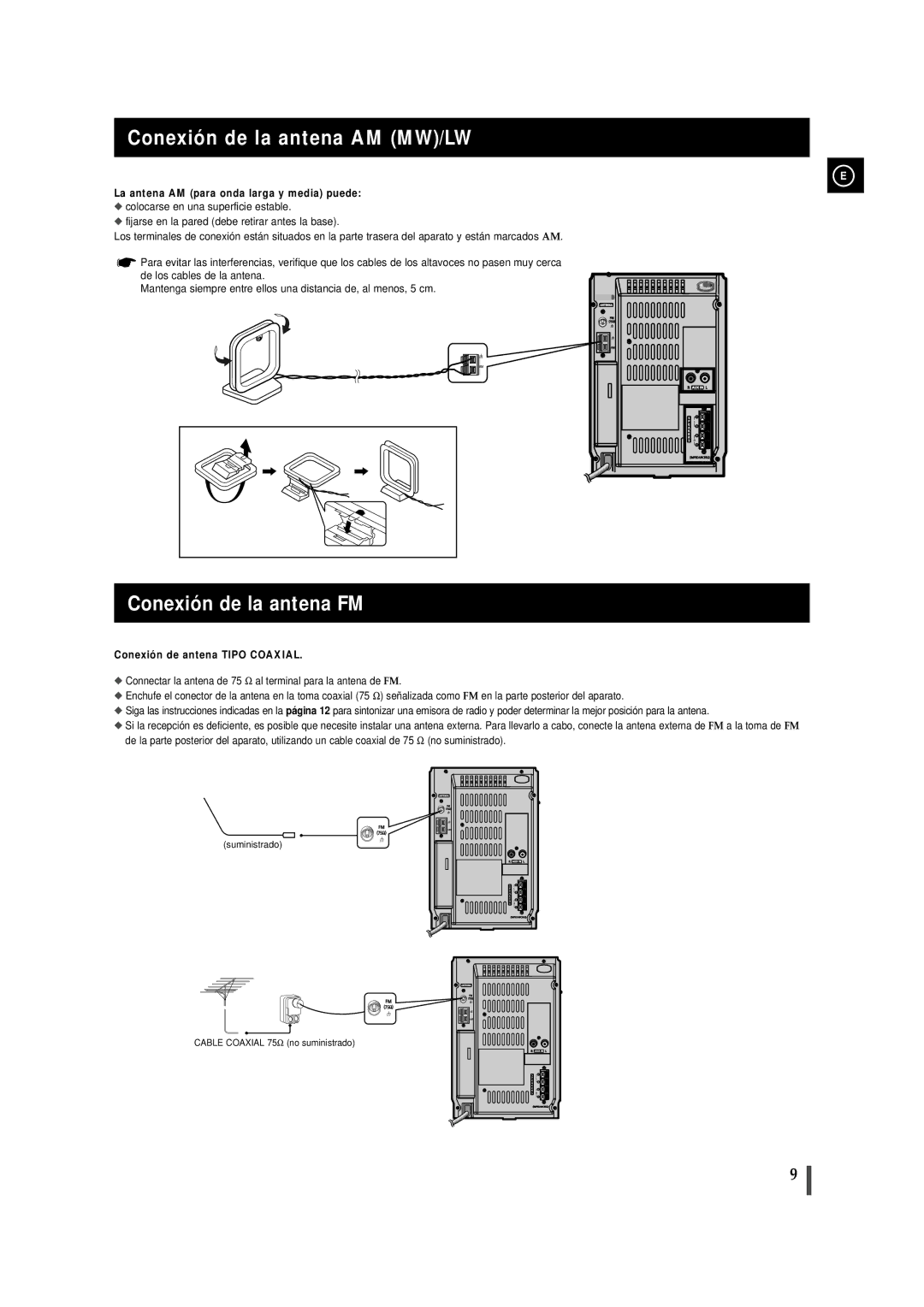 Samsung MMJ5RH/ELS Conexión de la antena AM MW/LW, Conexión de la antena FM, La antena AM para onda larga y media puede 