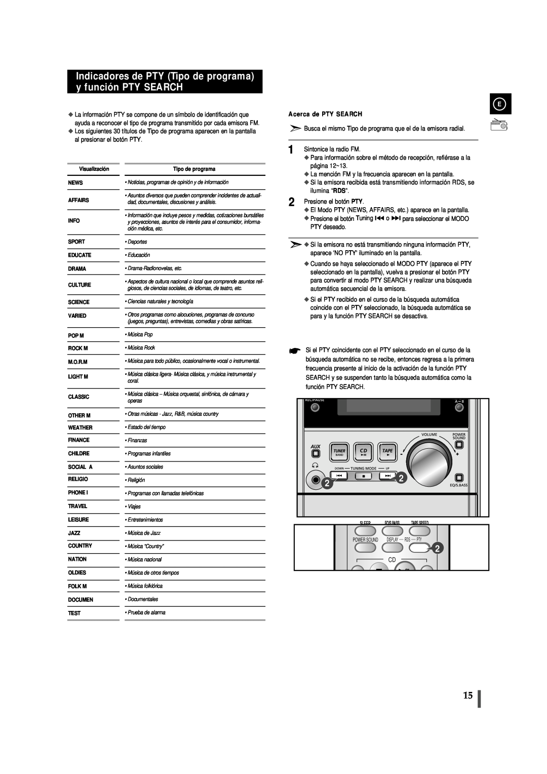 Samsung MMJ5RH/ELS, MM-J5 manual Indicadores de PTY Tipo de programa y función PTY SEARCH, Acerca de PTY SEARCH 