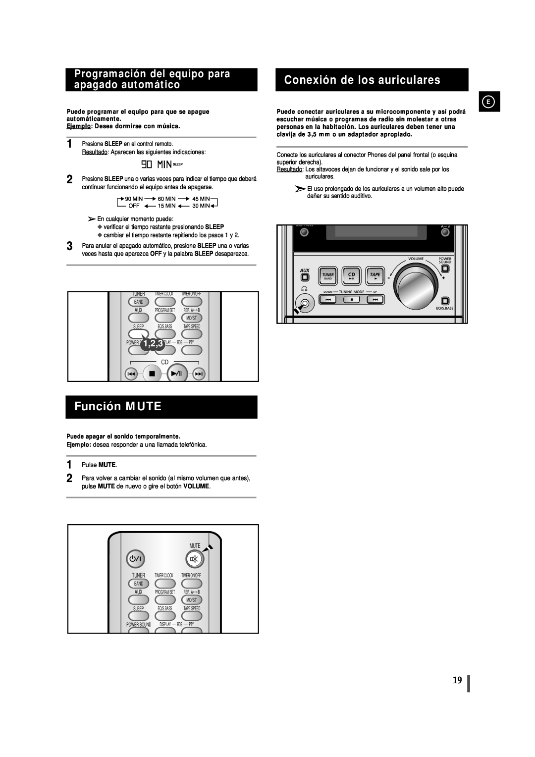 Samsung MMJ5RH/ELS manual Función MUTE, Conexión de los auriculares, Programación del equipo para apagado automático, 1,2,3 