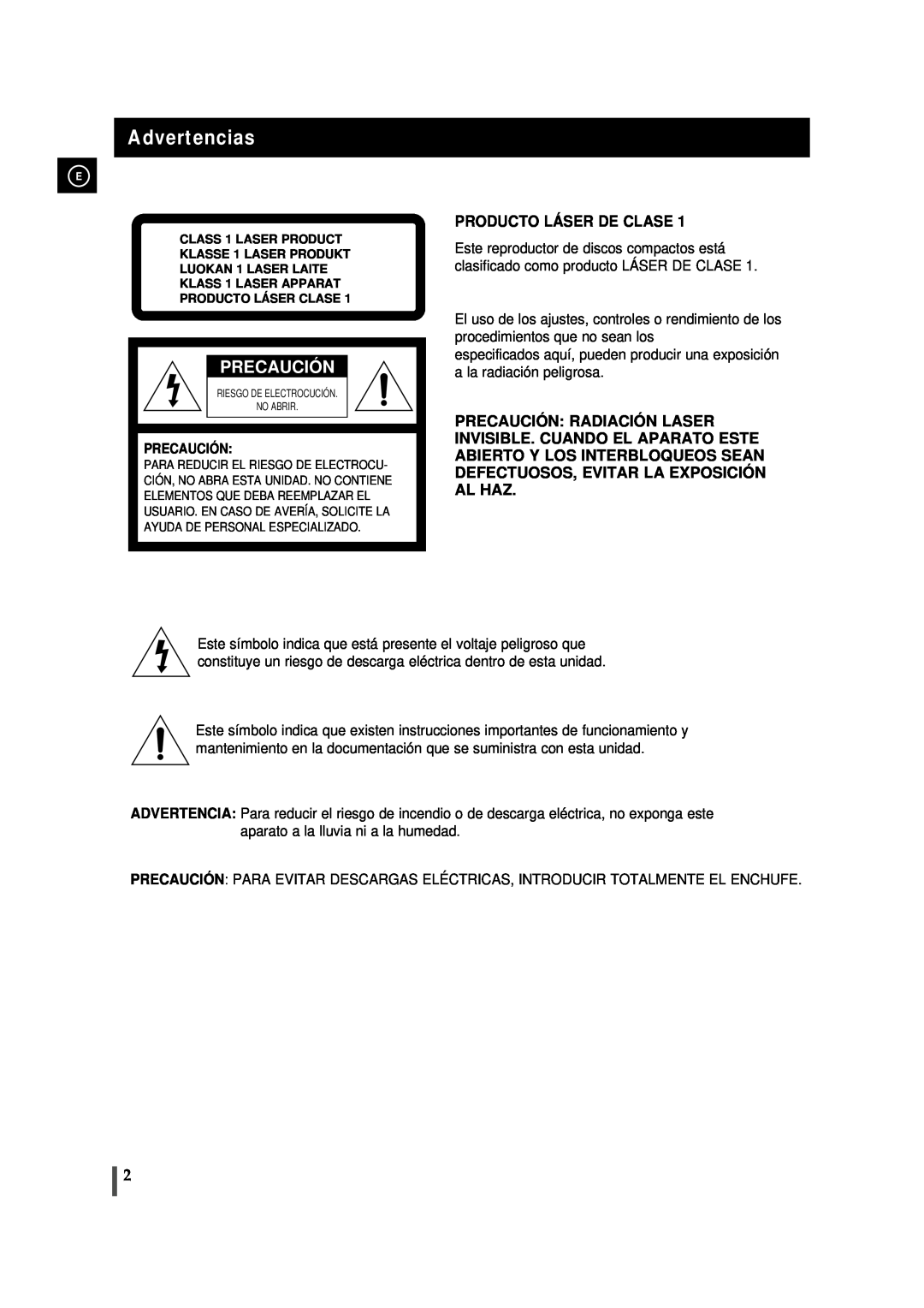 Samsung MM-J5, MMJ5RH/ELS manual Advertencias, Producto Láser De Clase, Precaución 