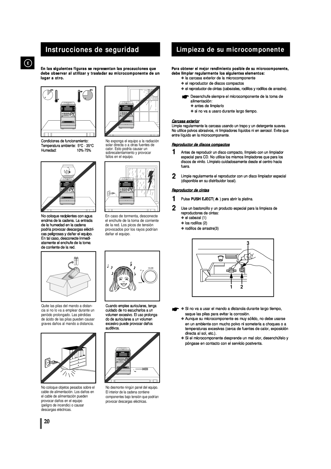Samsung MM-J5 manual Instrucciones de seguridad, Limpieza de su microcomponente, Carcasa exterior, Reproductor de cintas 