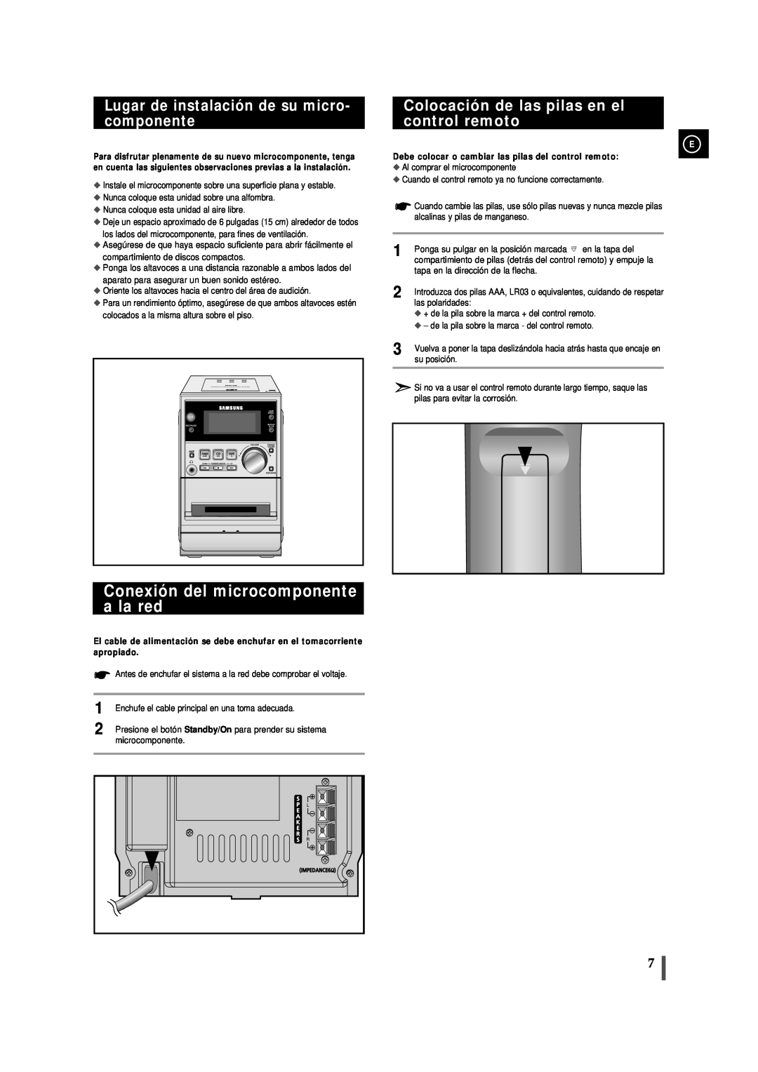 Samsung MMJ5RH/ELS, MM-J5 manual Conexión del microcomponente a la red, Lugar de instalación de su micro- componente 