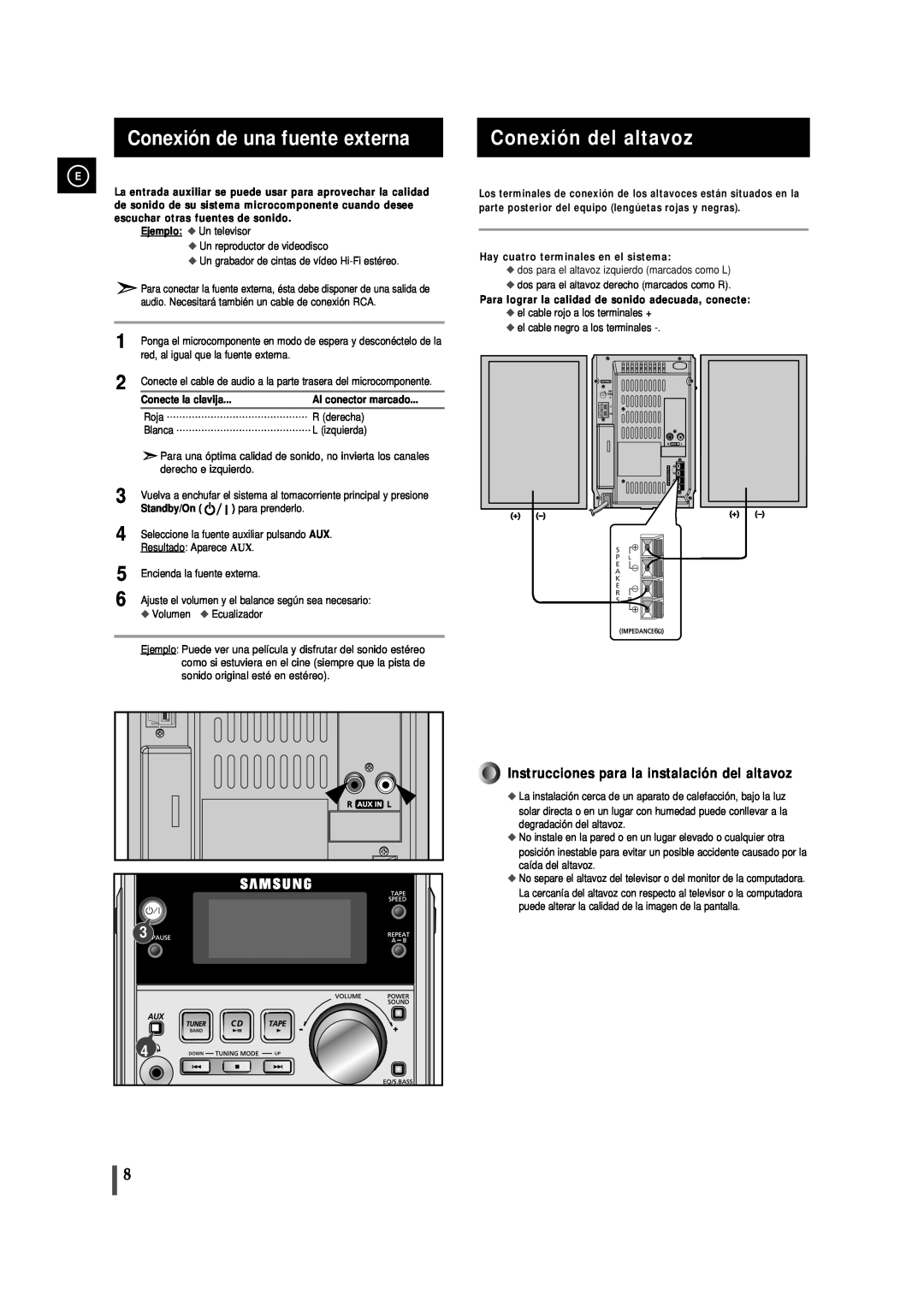 Samsung MM-J5 manual Conexión de una fuente externa, Conexión del altavoz, Instrucciones para la instalación del altavoz 