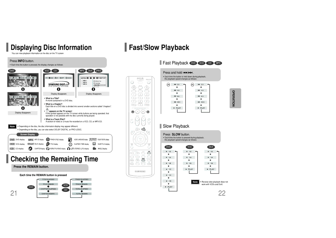 Samsung MM-KC10Q/XFO Fast/Slow Playback, Displaying Disc Information, Checking the Remaining Time, Press the Remain button 