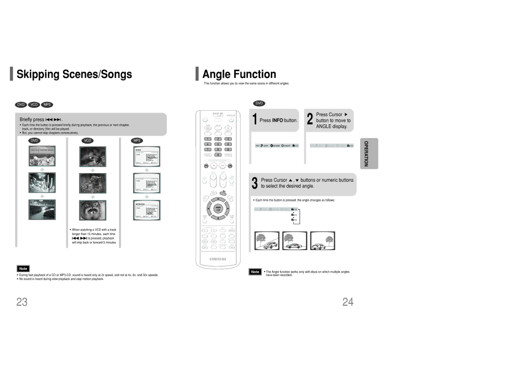 Samsung MM-KC10Q/XFO manual Skipping Scenes/Songs, Angle Function, Briefly press 