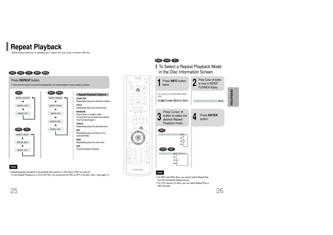 Samsung MM-KC10Q/XFO manual Repeat Playback, Press Repeat button, Press Info button twice, Press Enter button 