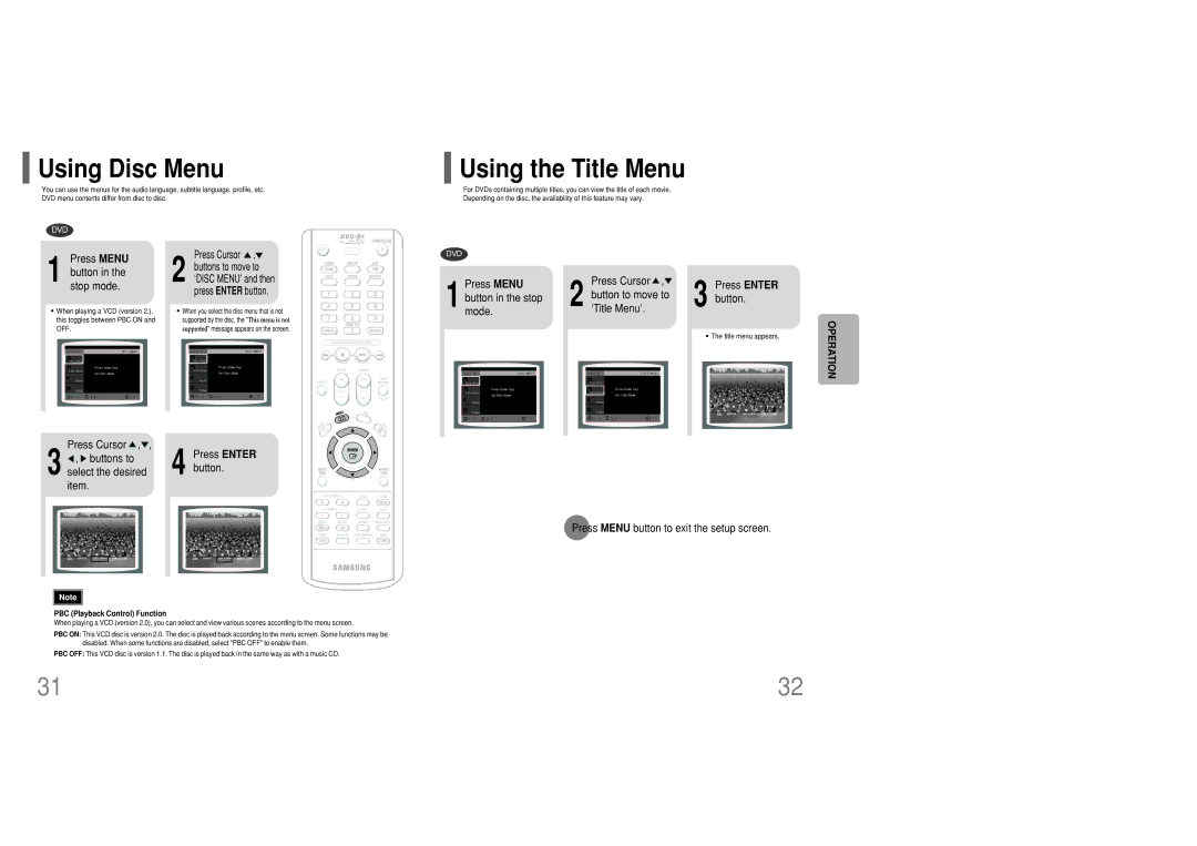 Samsung MM-KC10Q/XFO manual Using Disc Menu, Using the Title Menu, Press Menu Button in the stop mode 