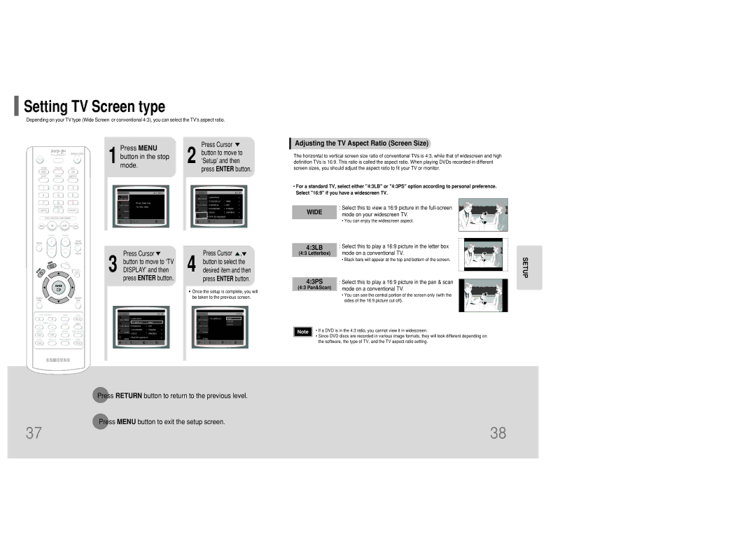 Samsung MM-KC10Q/XFO manual Adjusting the TV Aspect Ratio Screen Size, Mode.button in the stop, 43LB, 43PS 