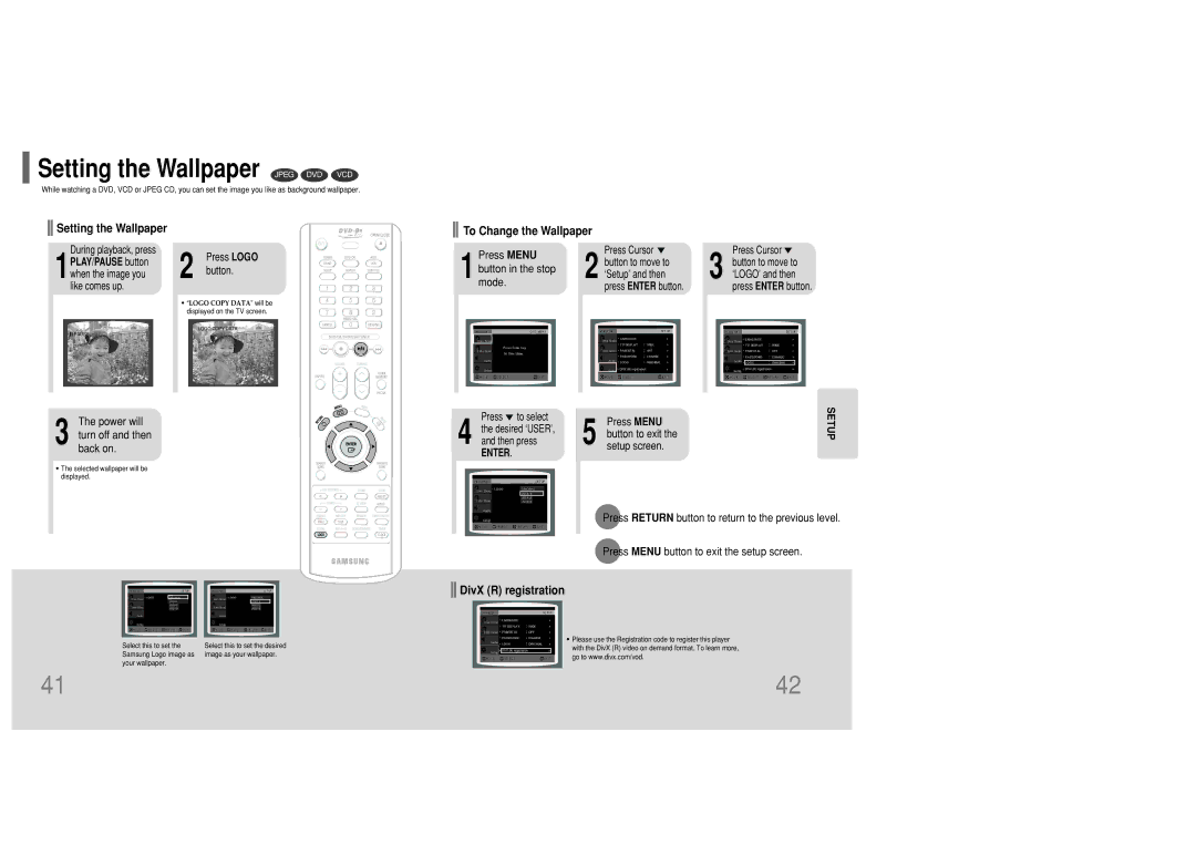 Samsung MM-KC10Q/XFO manual Setting the Wallpaper Jpeg DVD VCD, Power will Turn off and then back on, Button to exit 