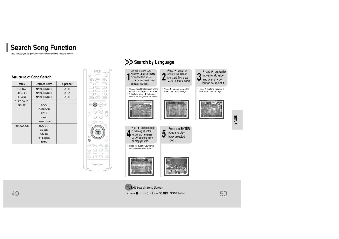 Samsung MM-KC10Q/XFO manual Search Song Function, Search by Language 