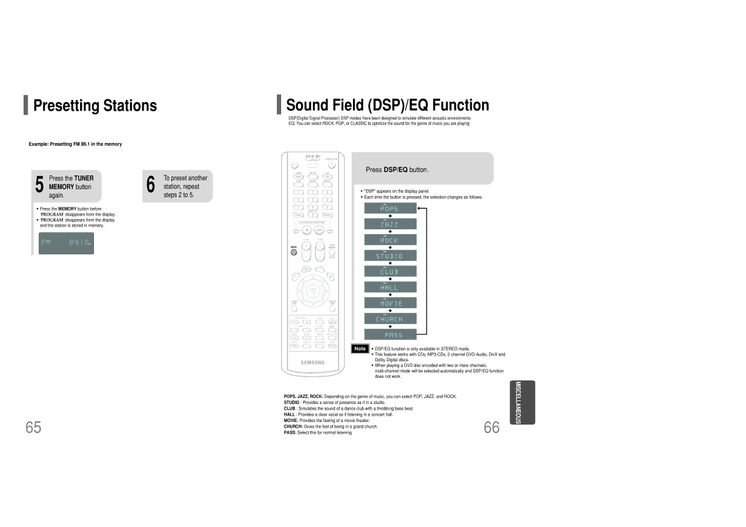 Samsung MM-KC10Q/XFO manual Sound Field DSP/EQ Function, Press DSP/EQ button, Memory button 