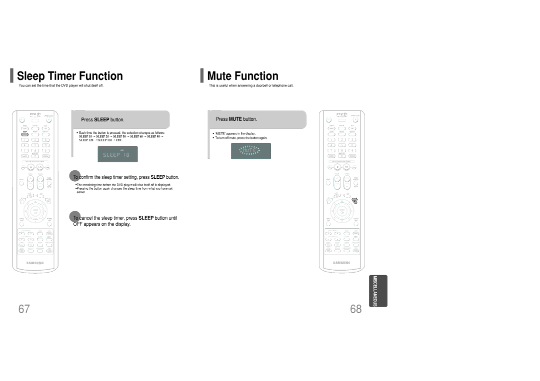 Samsung MM-KC10Q/XFO manual Sleep Timer Function, Mute Function, Press Sleep button, Press Mute button 