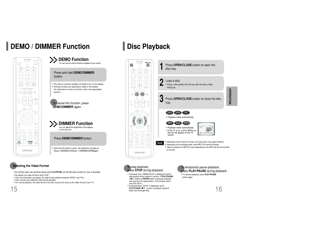 Samsung MM-KC10Q/XFO manual Demo / Dimmer Function, Disc Playback, Demo Function 