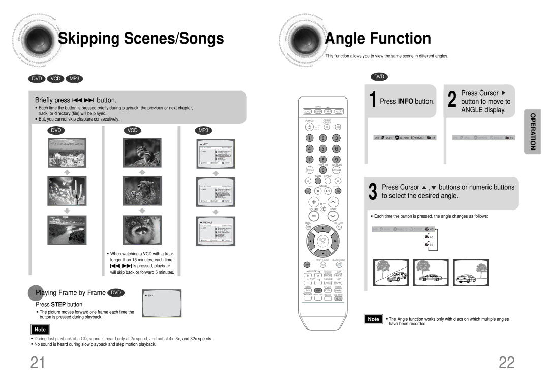 Samsung MM-KT8Q/XFU manual Skipping Scenes/Songs, Angle Function, Briefly press button, Playing Frame by Frame DVD 