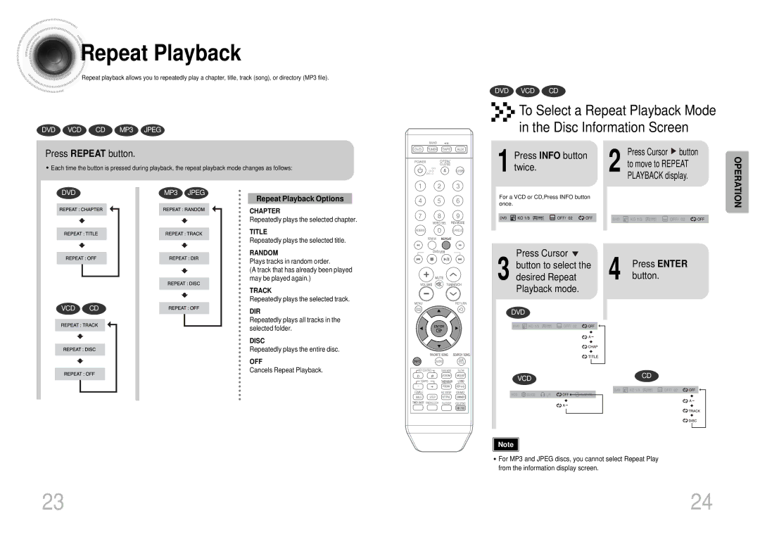 Samsung MM-KT8Q/XFU manual Press Repeat button, Twice, Repeat Playback Options 