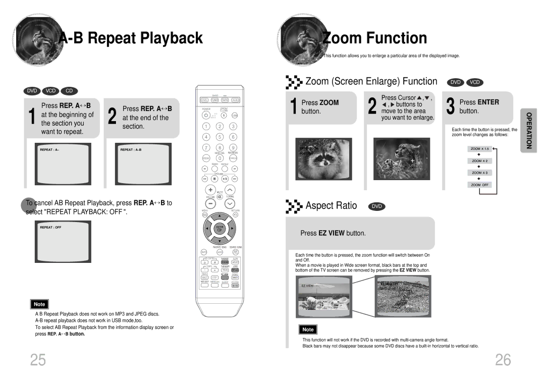 Samsung MM-KT8Q/XFU manual Repeat Playback Zoom Function, Press REP. A↔ B 