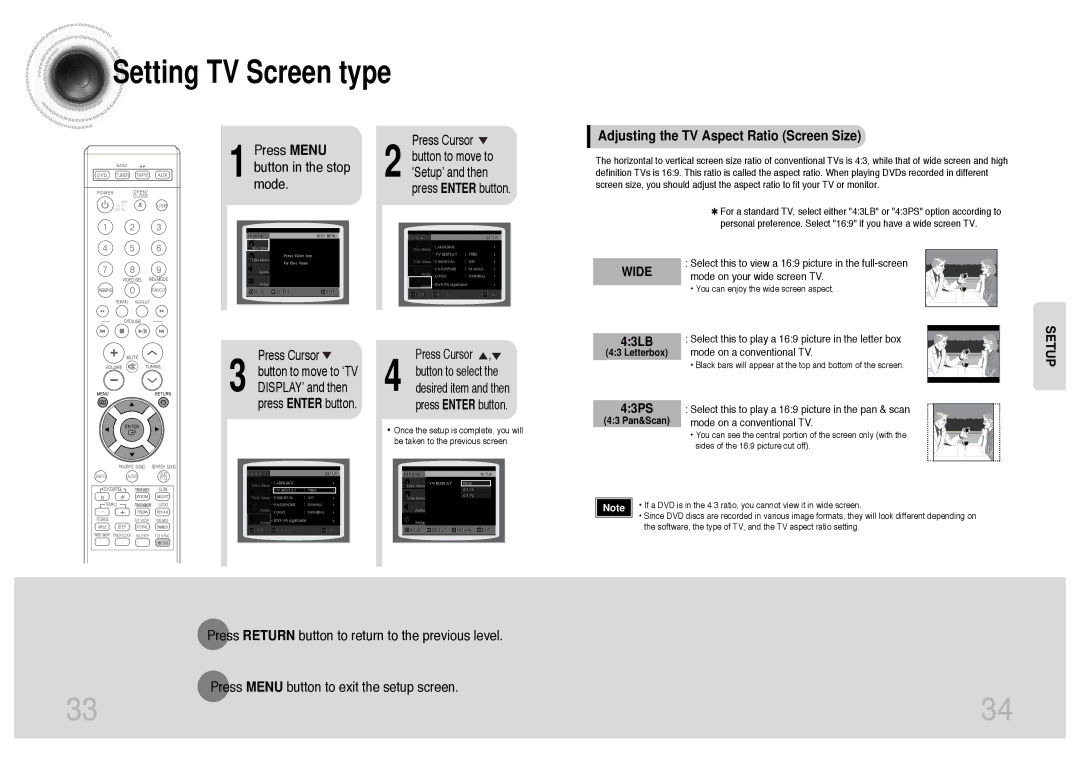 Samsung MM-KT8Q/XFU manual Press Menu button in the stop mode, Adjusting the TV Aspect Ratio Screen Size 