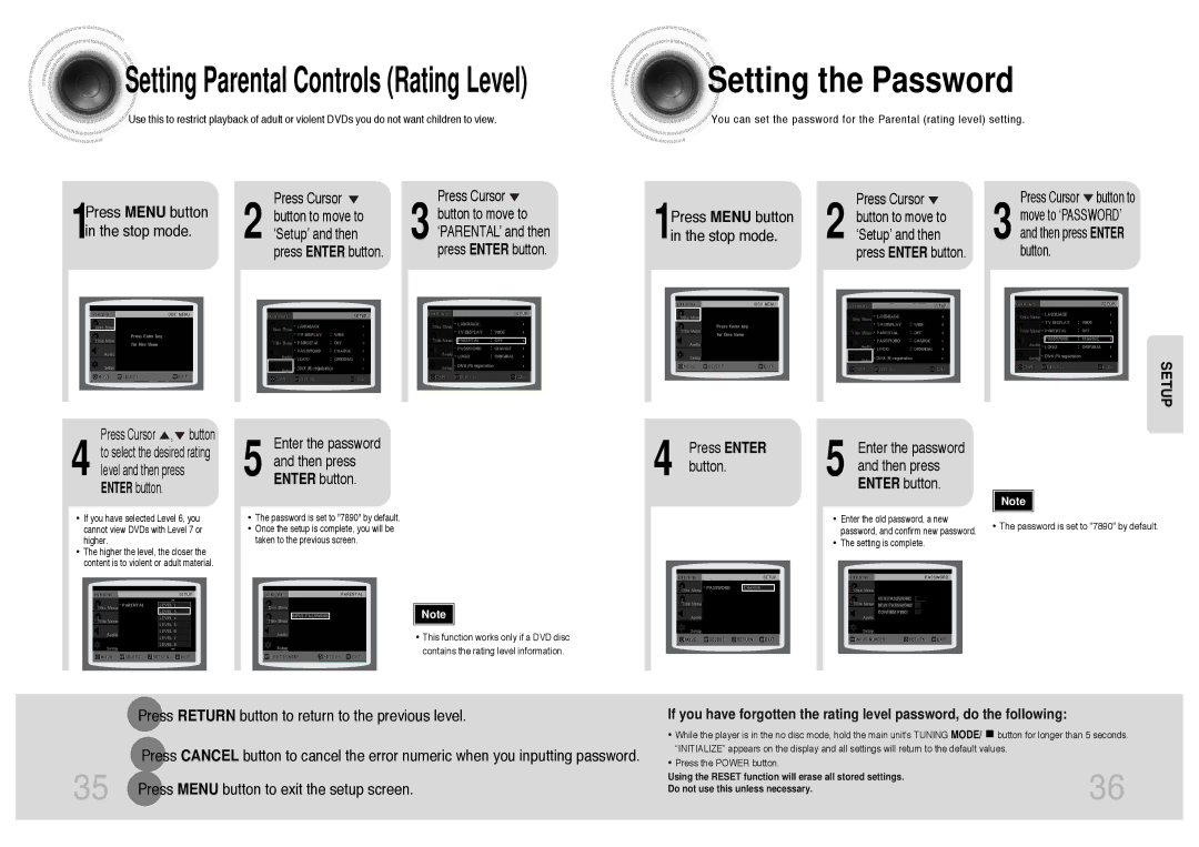 Samsung MM-KT8Q/XFU manual Setting the Password, 1Press Menu button Stop mode, 1Press Menu button in the stop mode 