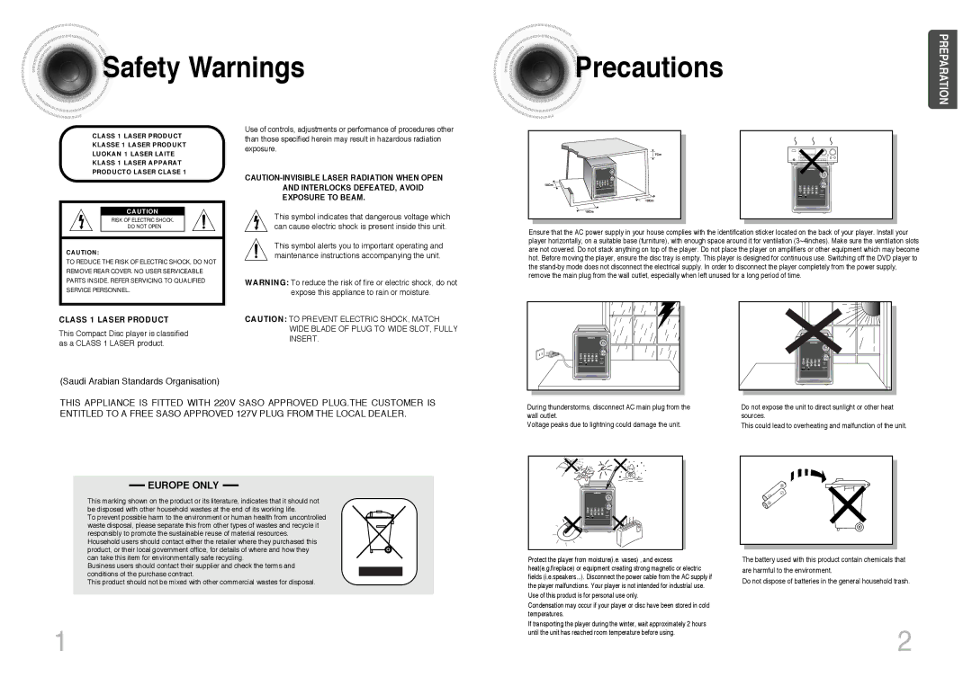 Samsung MM-KT8Q/XFU manual Safety Warnings, Saudi Arabian Standards Organisation 