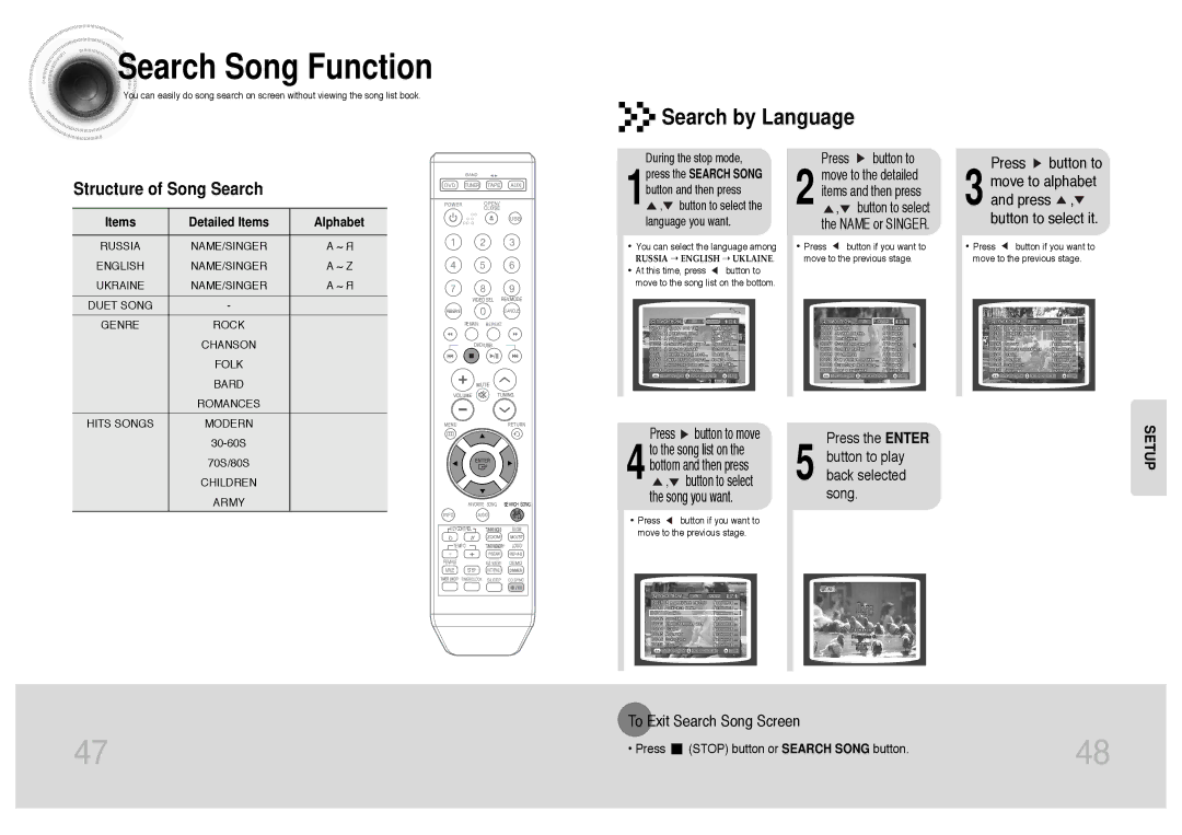 Samsung MM-KT8Q/XFU manual Search Song Function, Search by Language, Press button to Move to alphabet and press 