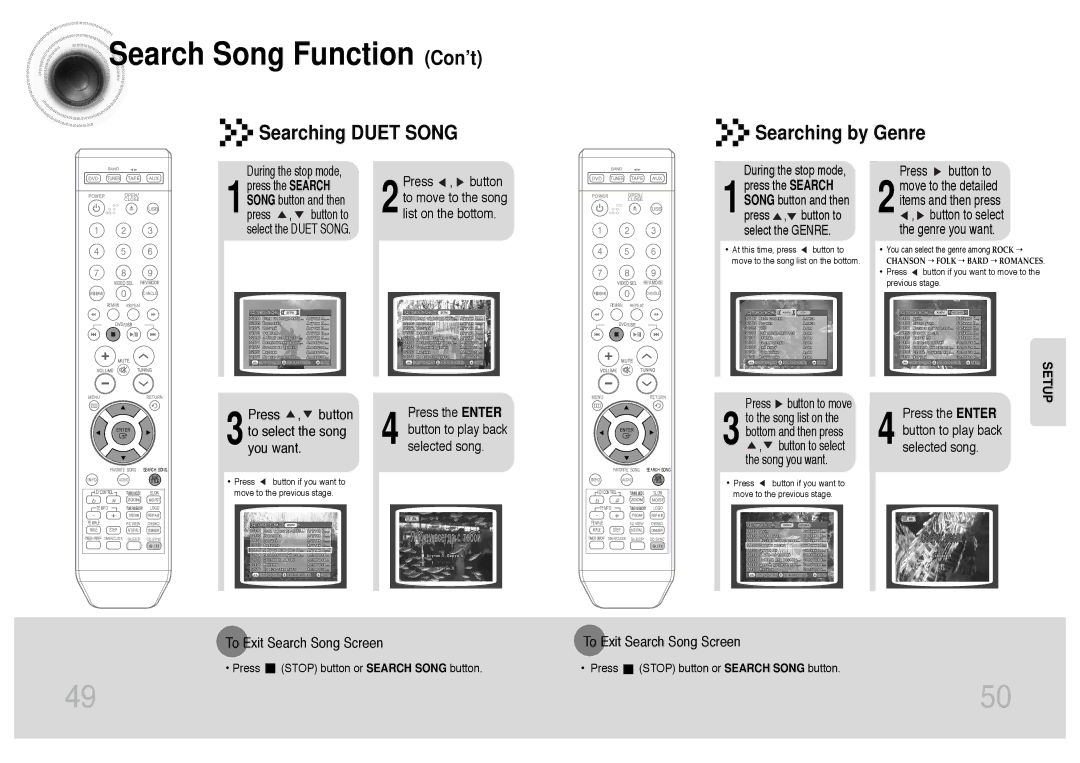 Samsung MM-KT8Q/XFU manual Search Song Function Con’t, Searching Duet Song Searching by Genre 